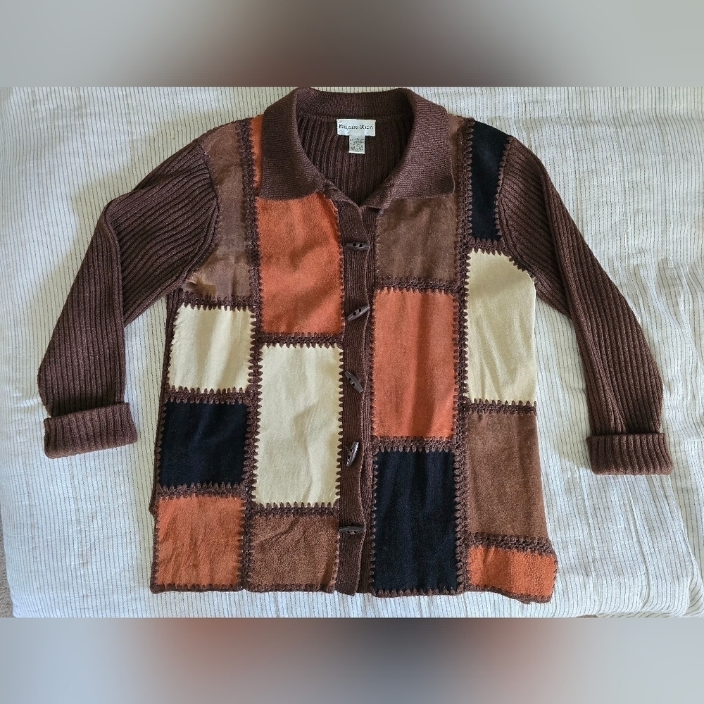 Hampshire Studio Sz L Leather Patchwork Colorblock Brown Cardigan Sweater Vtg